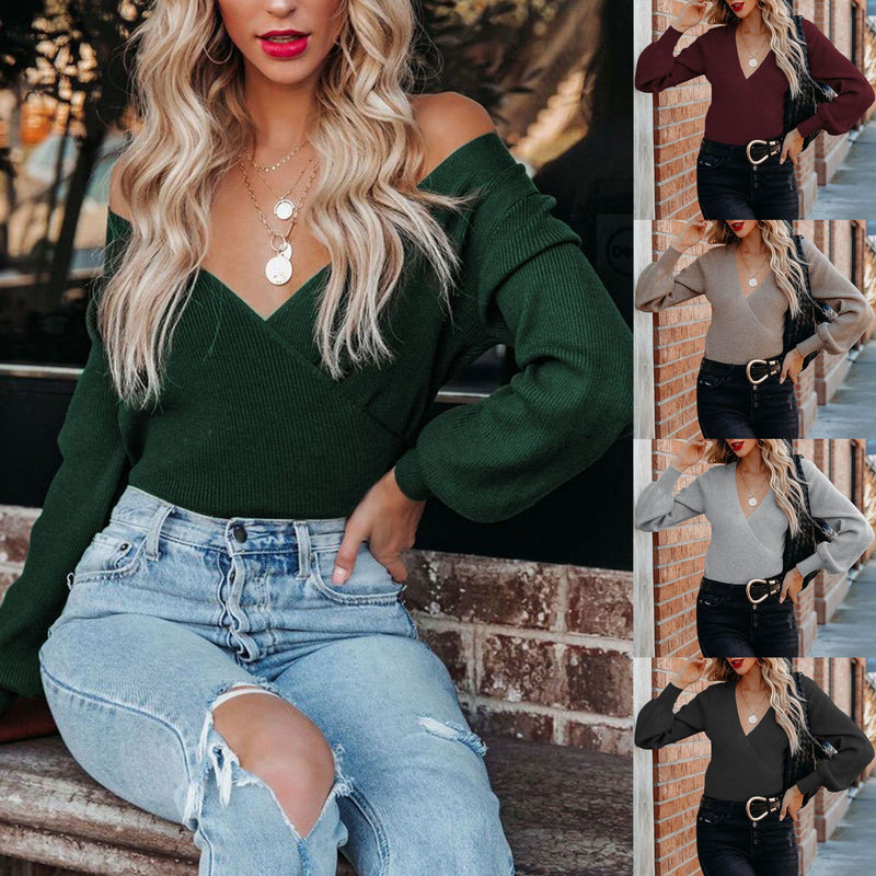 Long sleeve V-neck solid pullover sweater