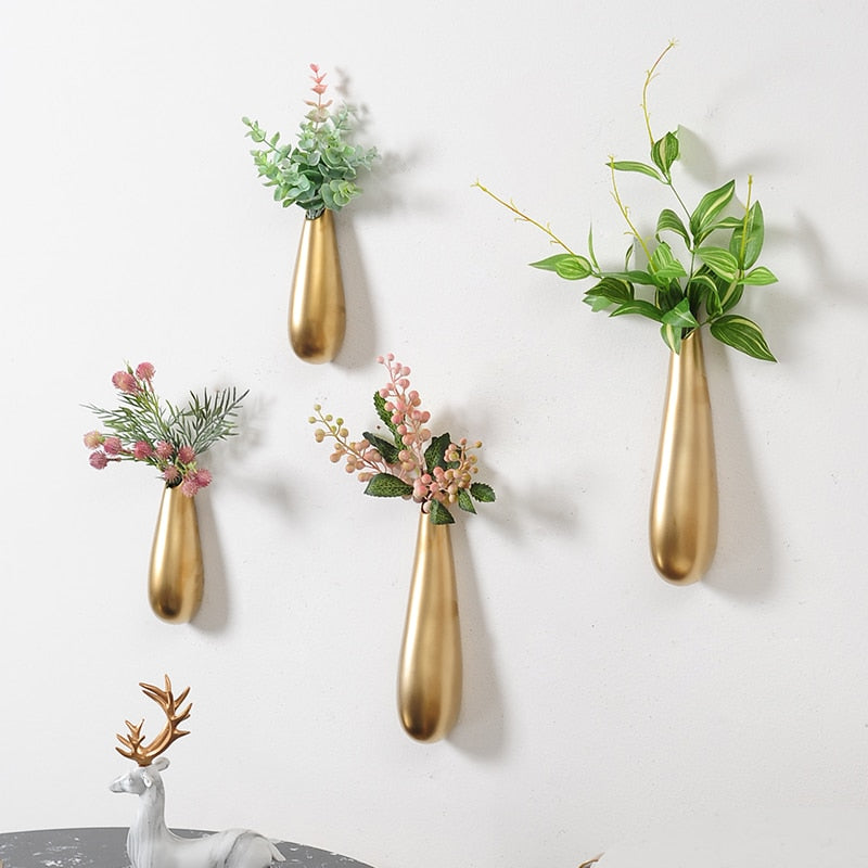 Luxury Decorative Gold Plating Wall Vases Hanging Nordic Home Living Room Office Wedding Decor Creative Flowerpot Planter Filler