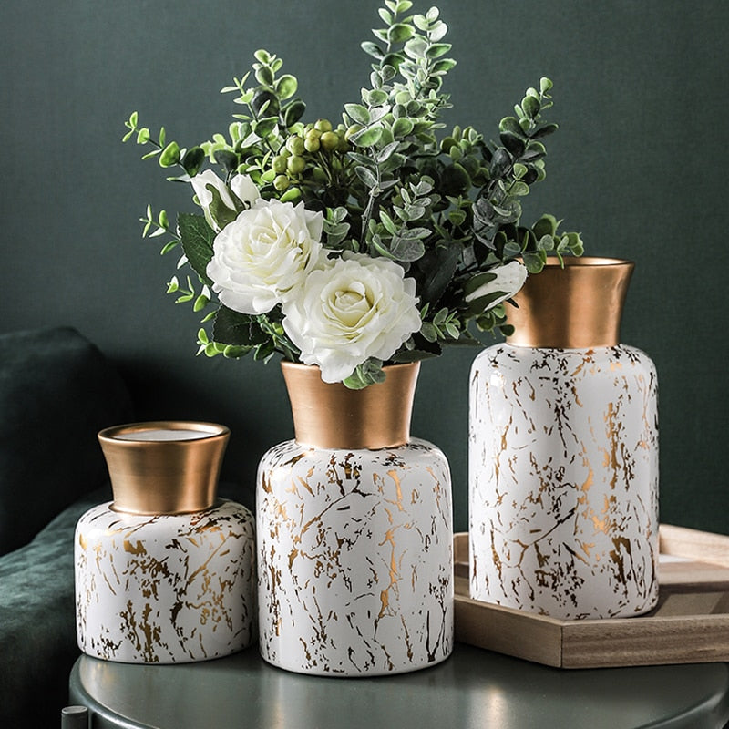 European-style Ceramic Marbled Gold Vase Bedroom Floral Decor