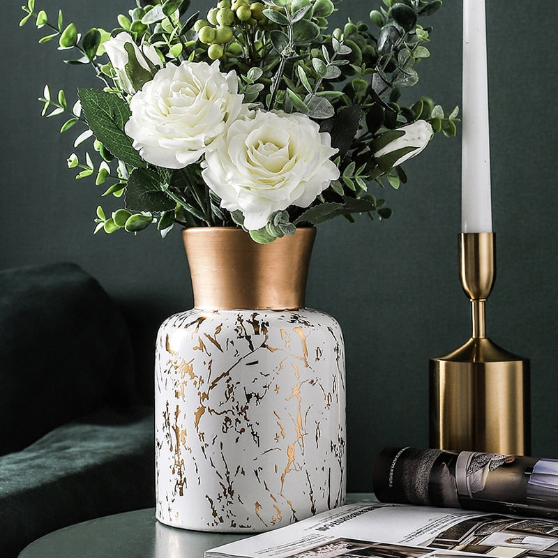 European-style Ceramic Marbled Gold Vase Bedroom Floral Decor