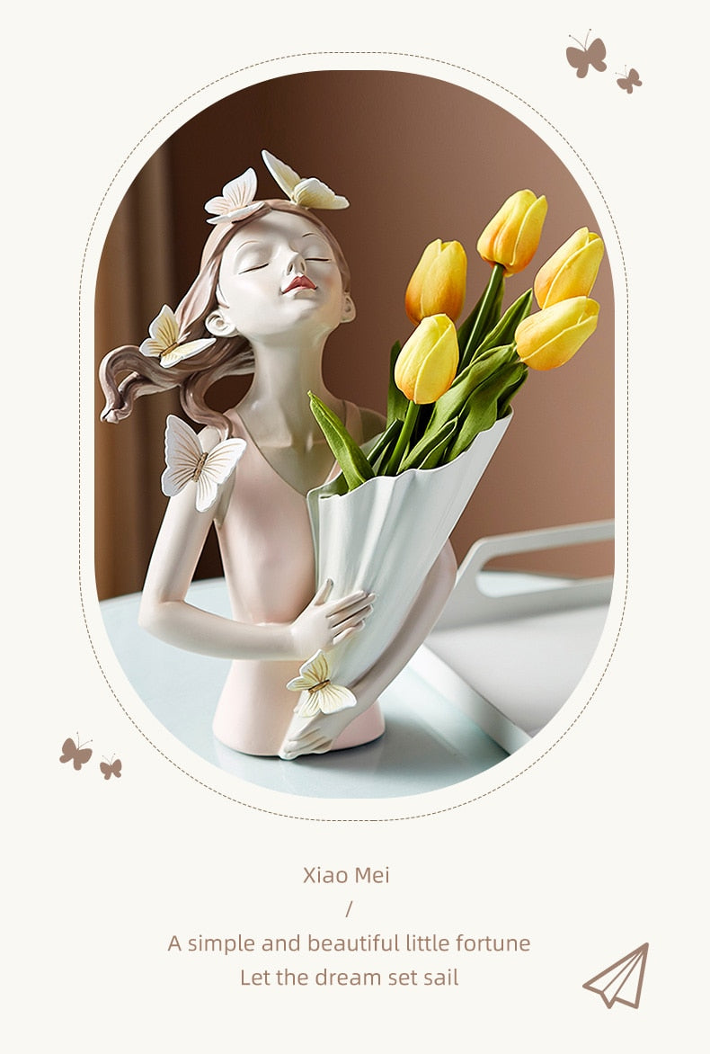 Modern minimalist style character girl butterfly sculpture resin vase