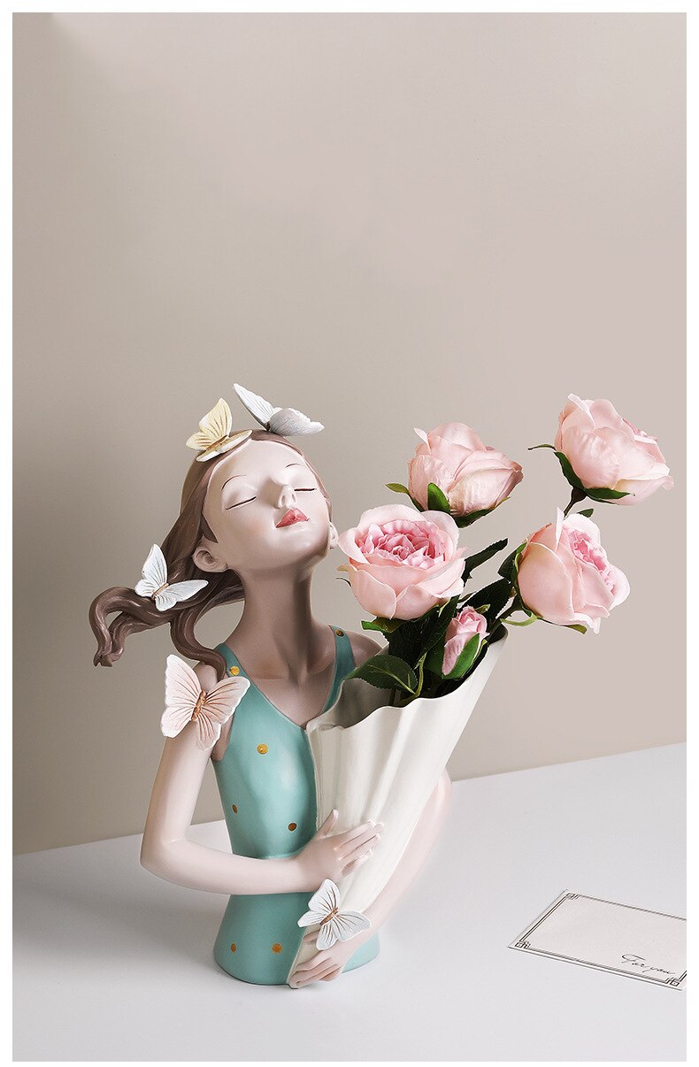 Modern minimalist style character girl butterfly sculpture resin vase